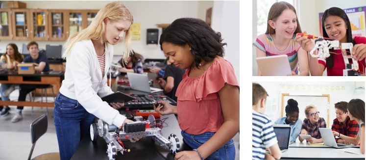 collage of three photos of young students working on technological projects