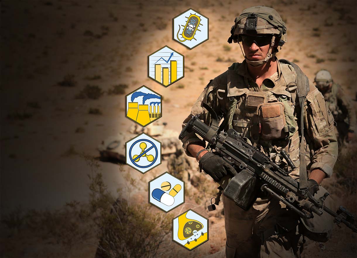 soldier with weapon in desert, overlaid with research area icons